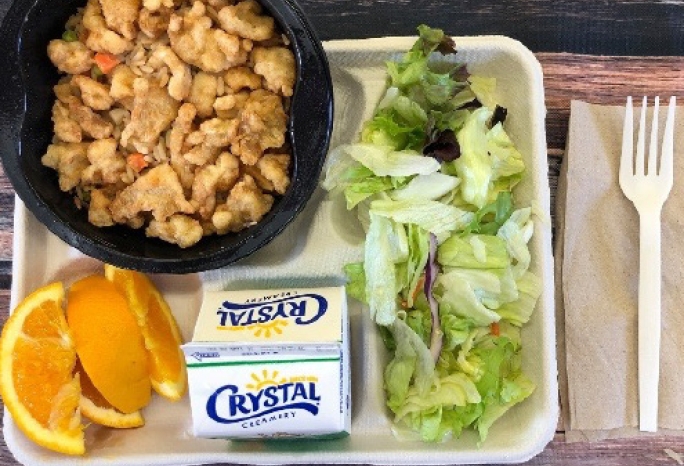 A lunch tray: teriyaki chicken and rice, orange slices, salad, milk